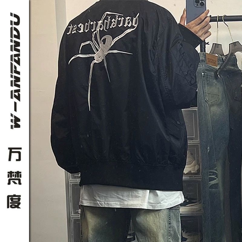萬梵度潮牌美式復古高街蜘蛛刺繡飛行夾克男秋冬寬鬆百搭休閒外套