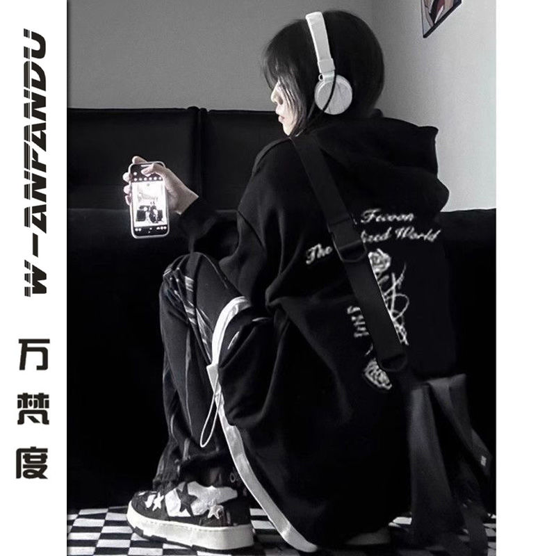 萬梵度連帽黑色玫瑰衛衣男女同款秋季情侶小眾寬鬆休閒上衣美式潮