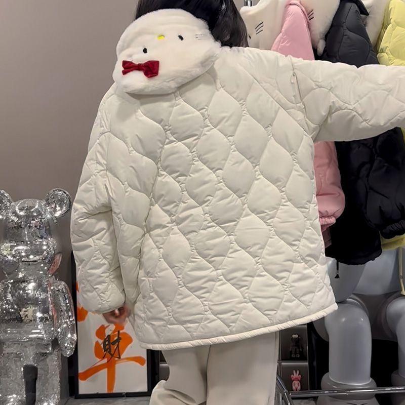2023 new winter diamond plaid detachable hooded Hello Kitty women plus velvet thickened warm couple coat trendy