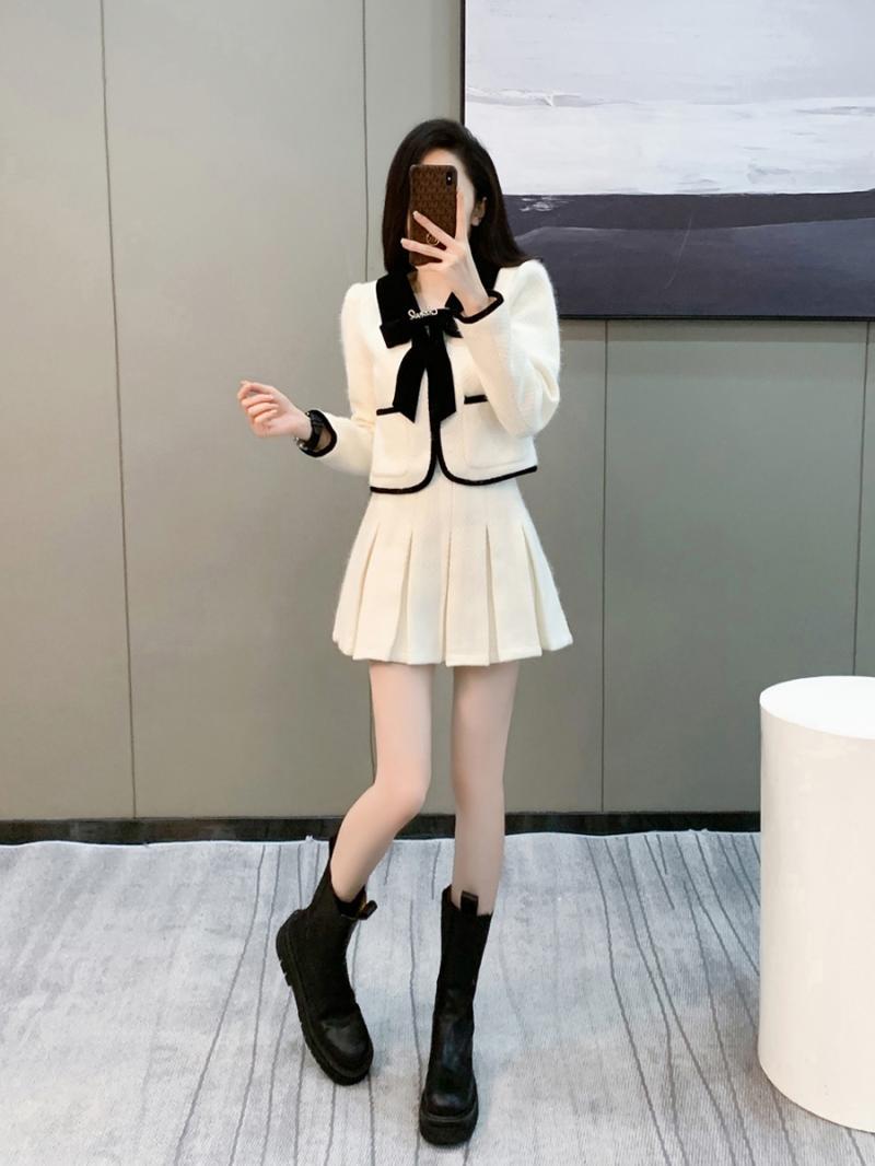 洋氣小香風套裝裙女秋冬季氣質名媛風蝴蝶結短外套百褶裙兩件套裝