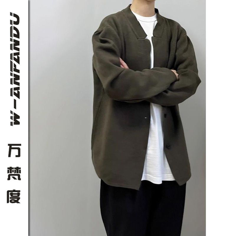 萬梵度春秋季純色休閒西裝針織開衫男上衣慵懶寬鬆休閒外套毛衣男