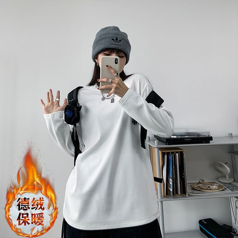 秋冬德絨白色純色打底衫女t恤新款長袖中長款上衣寬鬆雙面磨毛