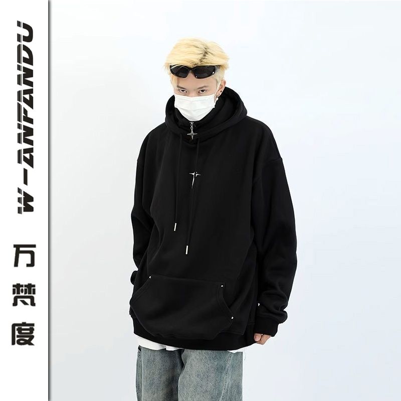 萬梵度黑色金屬高領連帽衛衣秋冬季男款加厚寬鬆情侶痞帥帽衫新款
