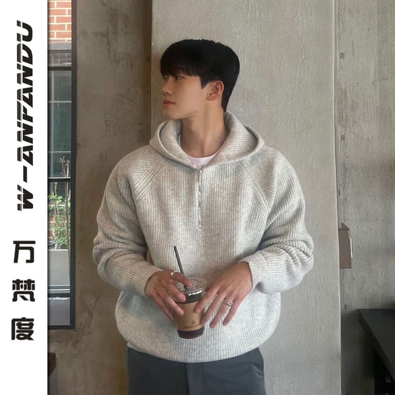 萬梵度高級半拉鏈連帽毛衣衛衣男潮牌春秋加厚針織衫休閒寬鬆外套