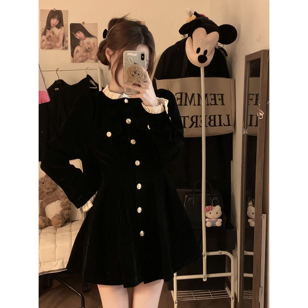 French velvet dress women's autumn and winter  new single-breasted design waist slimming long-sleeved skirt