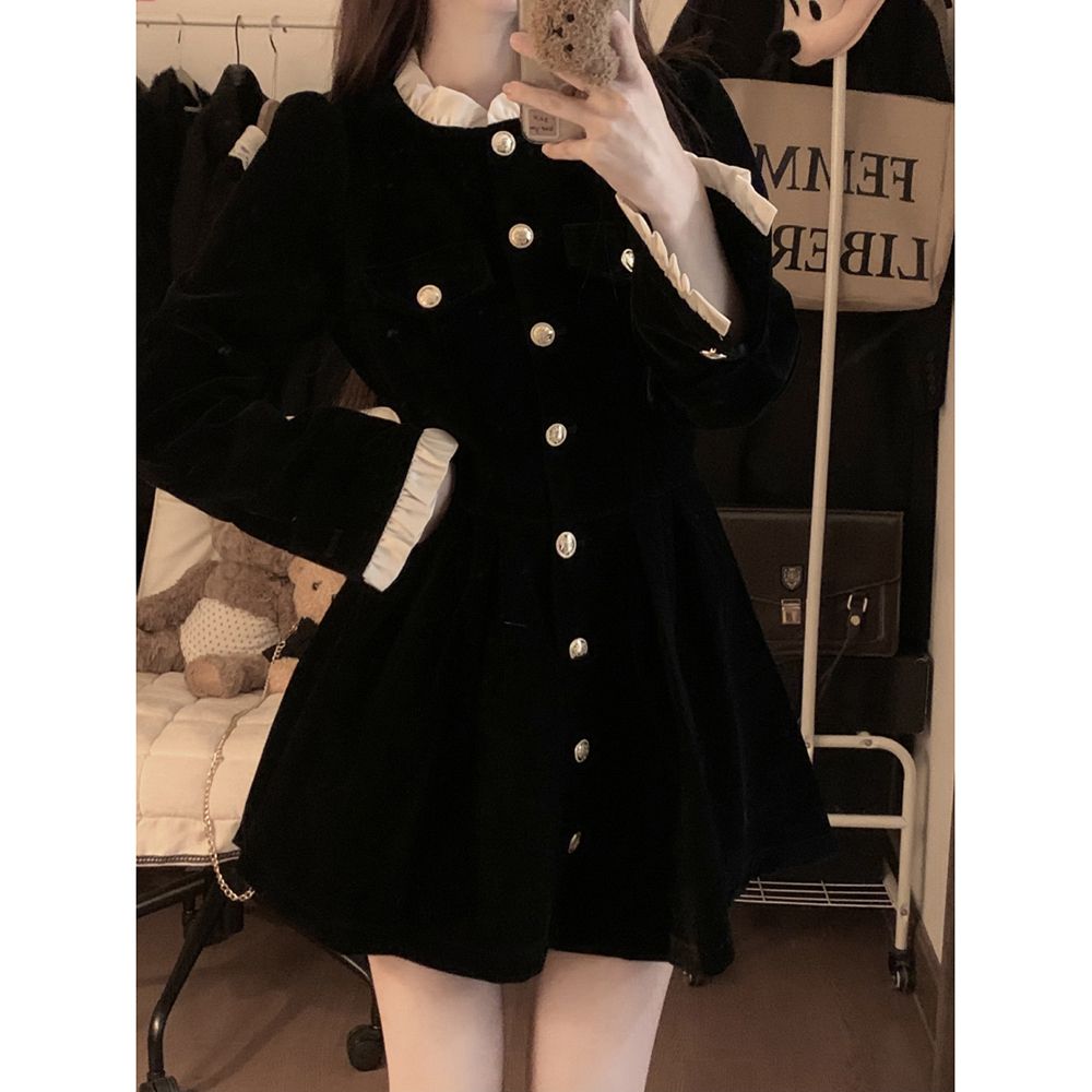 French velvet dress women's autumn and winter  new single-breasted design waist slimming long-sleeved skirt