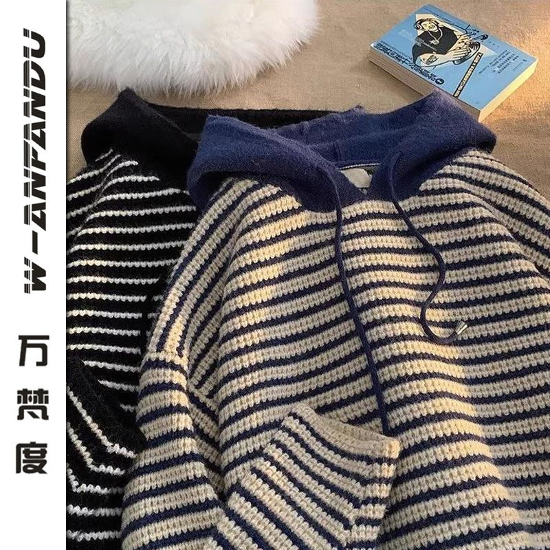 萬梵度日系復古條紋撞色連帽針織衫外套男女秋冬韓系慵懶bf風毛衣