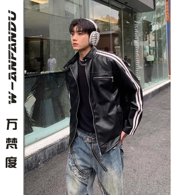 萬梵度美式復古條紋廓形美拉德皮衣外套男款春秋高級感正肩夾克潮
