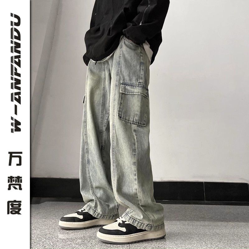 萬梵度工裝牛仔褲男款春秋秋國潮闊腿褲潮牌美式高街寬鬆直筒褲子