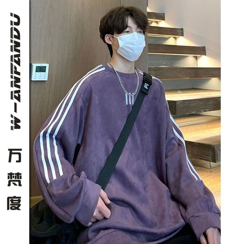 萬梵度美式復古三槓條紋刺繡圓領衛衣男女春秋潮牌小眾情侶裝外套