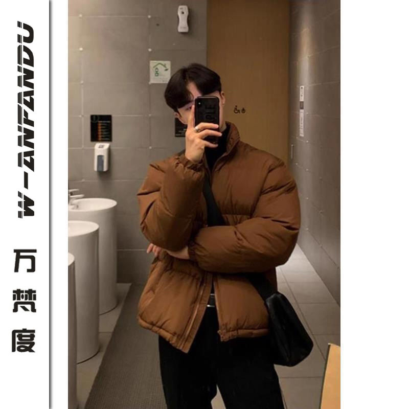 萬梵度棕色韓系羽絨短款立領棉服英倫男冬季復古美拉德穿搭麵包服