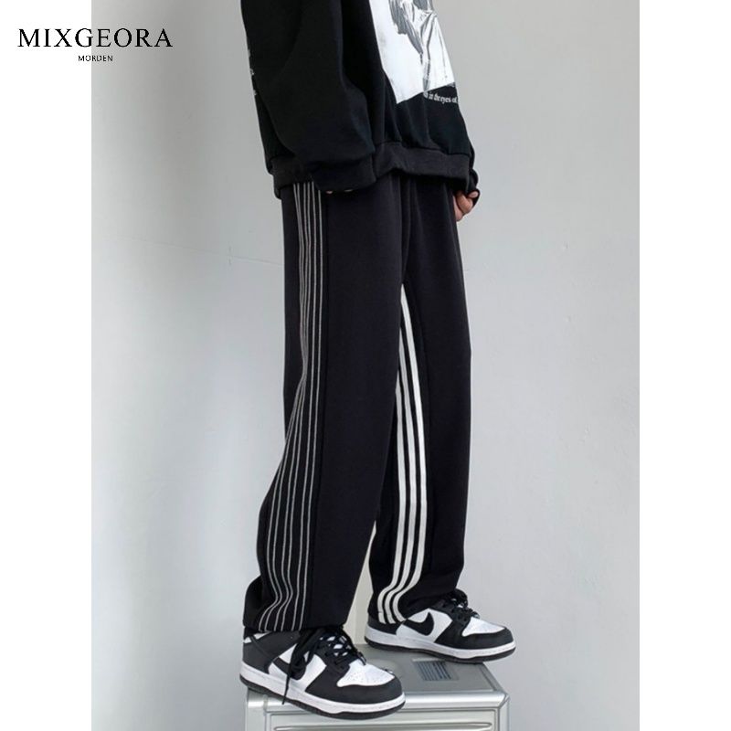 MIX GEORA three-stripe pants men's autumn and winter loose straight pants plus velvet thickened sports trousers