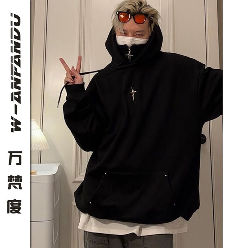 萬梵度秋冬美式金屬設計感高領拉鏈連帽衛衣男女情侶加厚休閒上衣
