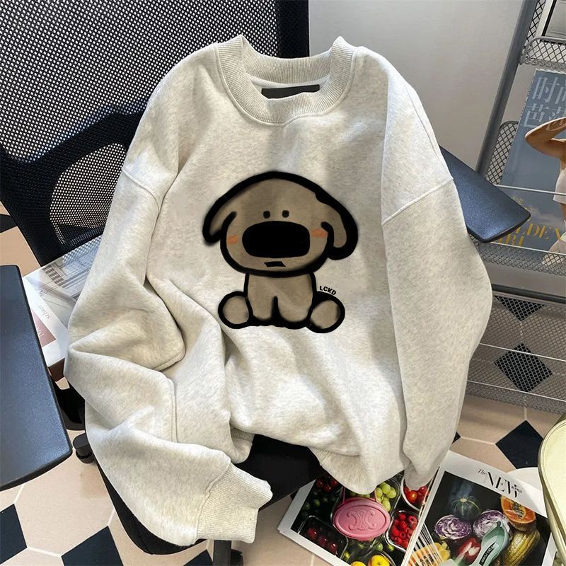 重磅純棉銀狐絨美式復古卡通甜美圓領衛衣女秋冬寬鬆慵懶風上衣女