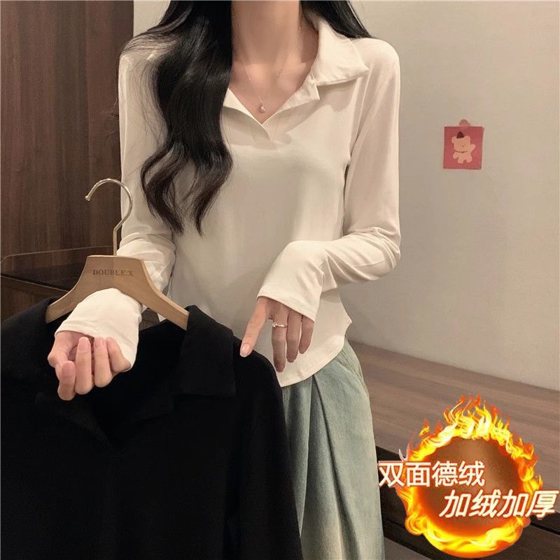 polo領純欲風長袖T恤女新款早秋德絨保暖修身顯瘦短款辣妹上衣