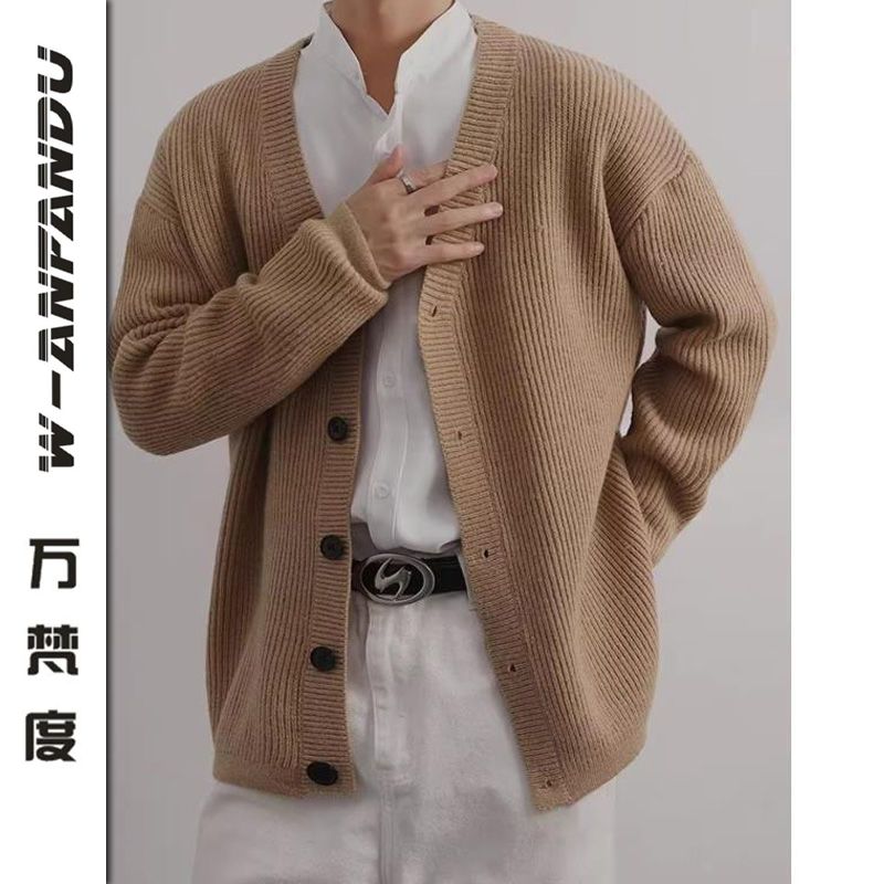萬梵度設計感小眾V領開衫毛衣男款春秋ins潮韓版寬鬆針織男裝上衣