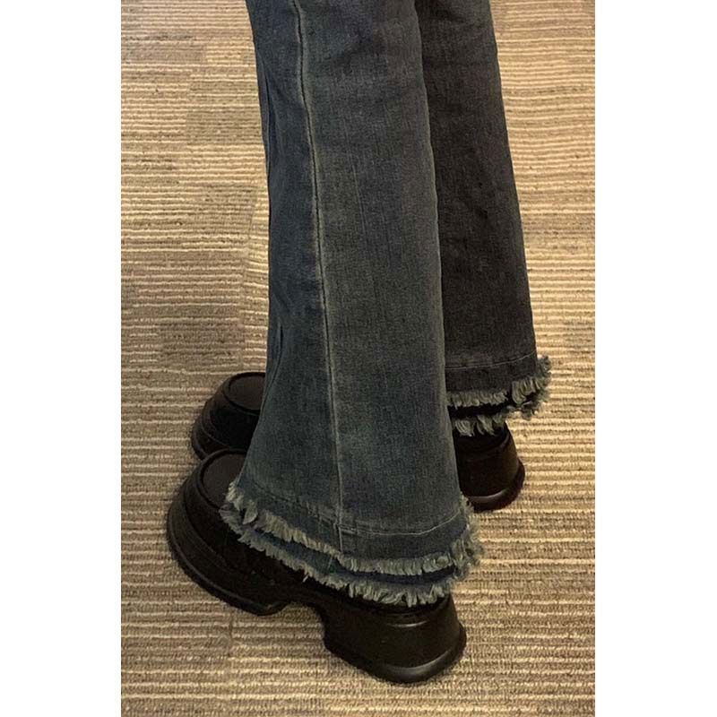 復古微喇牛仔褲女高腰秋冬新款小眾彈力顯瘦百搭修身毛邊馬蹄褲子