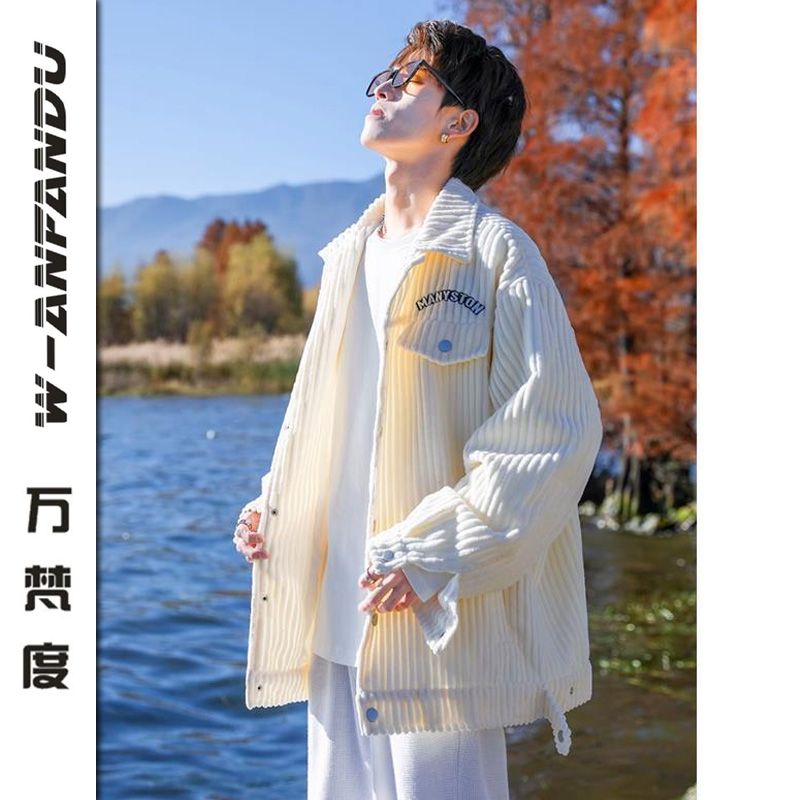 萬梵度翻領夾克男2023秋燈芯絨潮牌衣服情侶寬鬆休閒男生痞帥外套