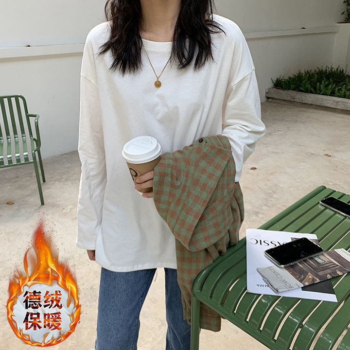 加厚保暖白色T恤女長袖雙面德絨圓領寬鬆疊穿內搭洋氣打底衫上衣