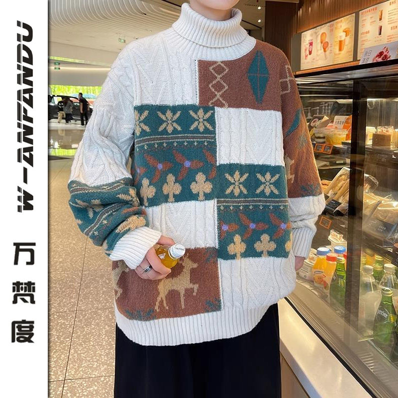 萬梵度撞色拼接日系復古毛衣男款秋冬寬鬆高領針織衫潮牌情侶線衣