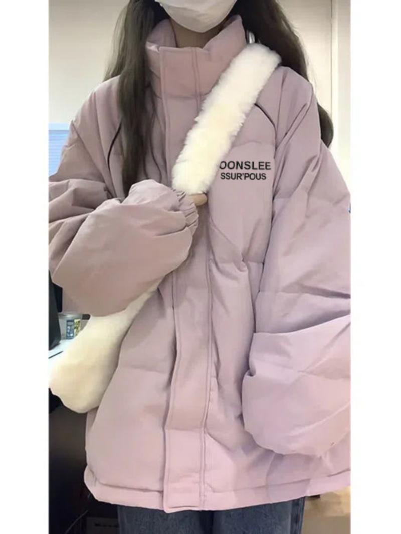 美式潮牌粉紫色立領加厚麵包服女冬季新款寬鬆慵懶風棉衣棉服外套