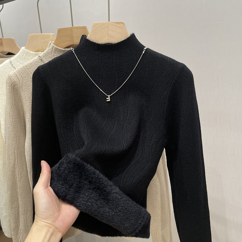 半高領保暖一體絨打底衫女秋冬季2023新款洋氣內搭加絨加厚毛衣