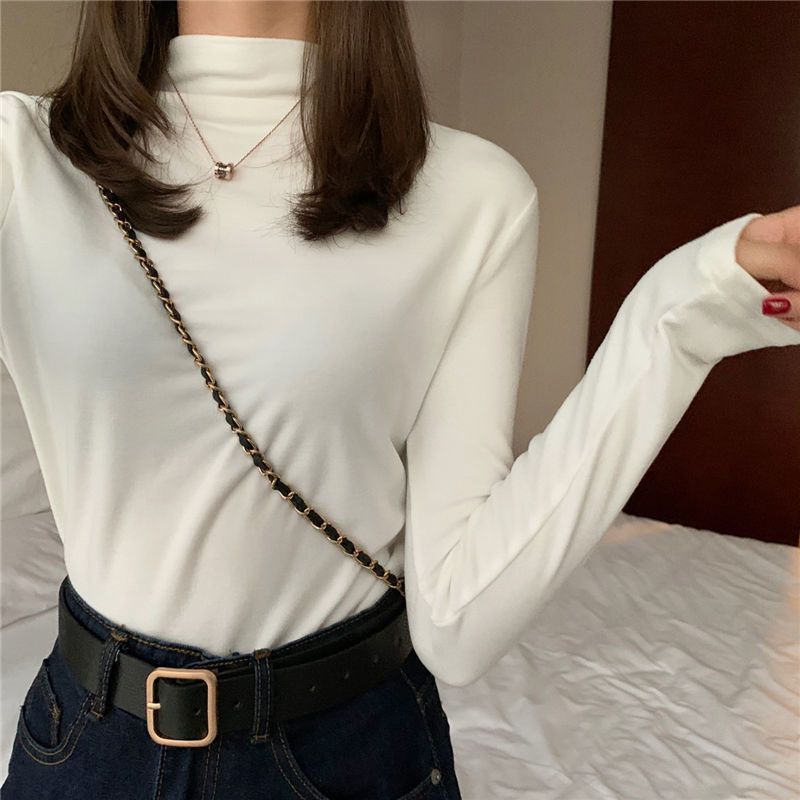 Self-heating German velvet bottoming shirt for women in autumn and winter new half turtleneck brushed T-shirt with warm long-sleeved top ins trend