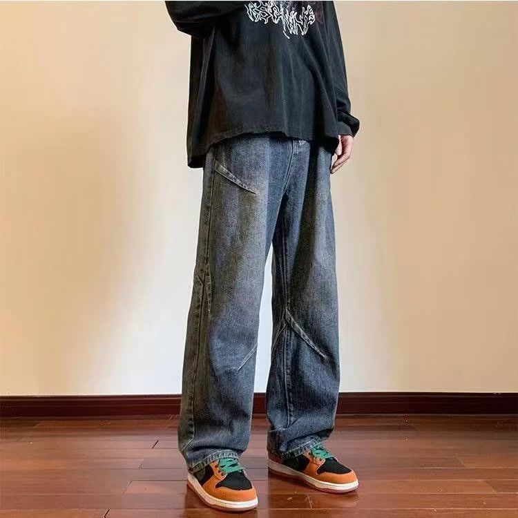 秋冬款牛仔褲男港風潮牌水洗美式復古拼接寬鬆休閒直筒闊腿長褲子