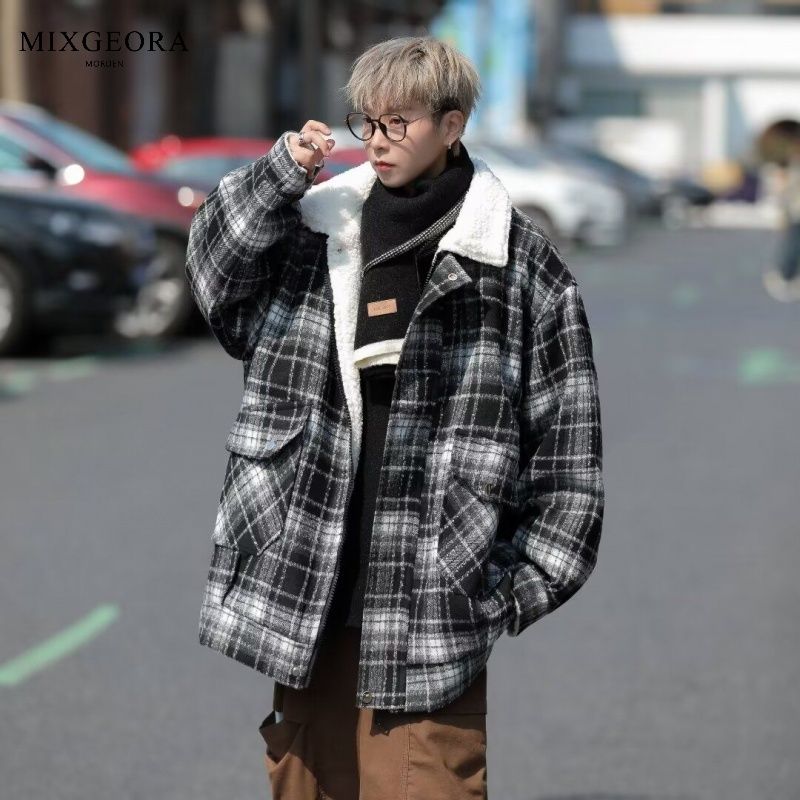 MIX GEORA羊羔毛外套男款冬季美式高街格子棉服加絨保暖棉衣棉襖