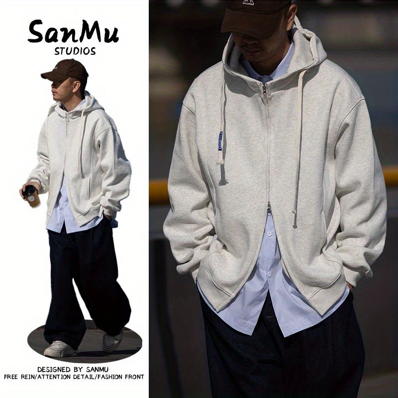 日系雙拉鏈連帽開衫衛衣男秋冬cityboy寬鬆休閒純色上衣情侶外套