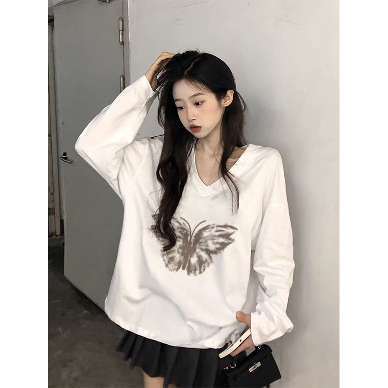 100%純棉長袖女新款秋季女生長袖衫V領寬鬆白色t恤女裝氣質上衣潮