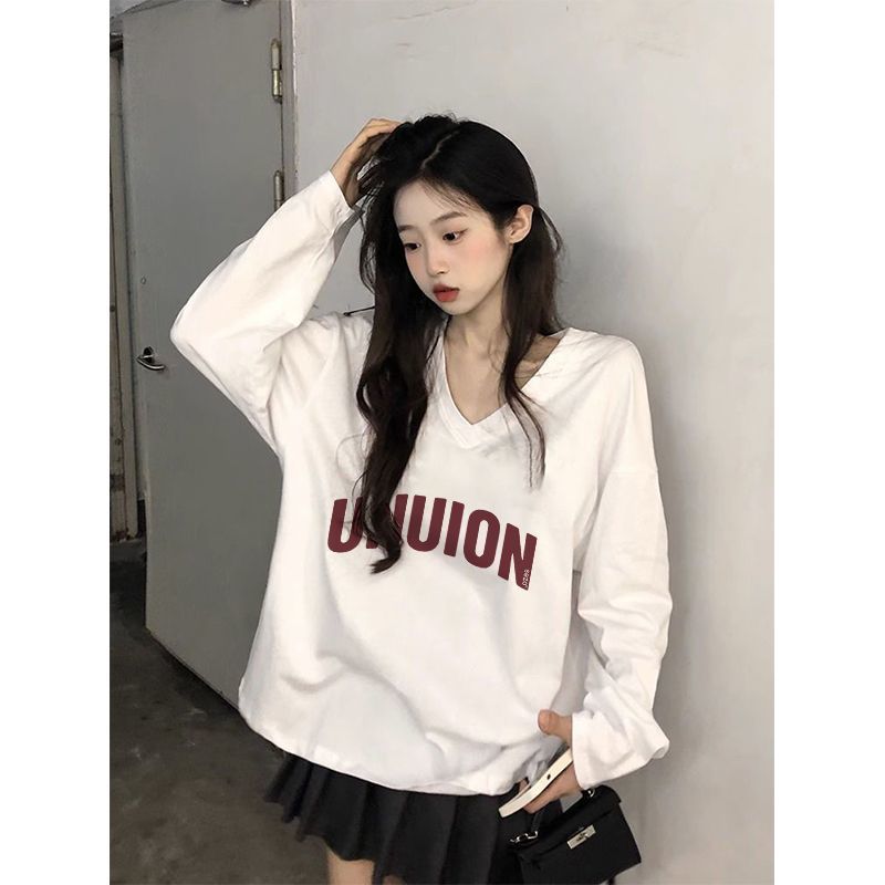 白色長袖V領疊穿常規款純棉t恤女上衣秋季休閒簡約寬鬆百搭打底衫