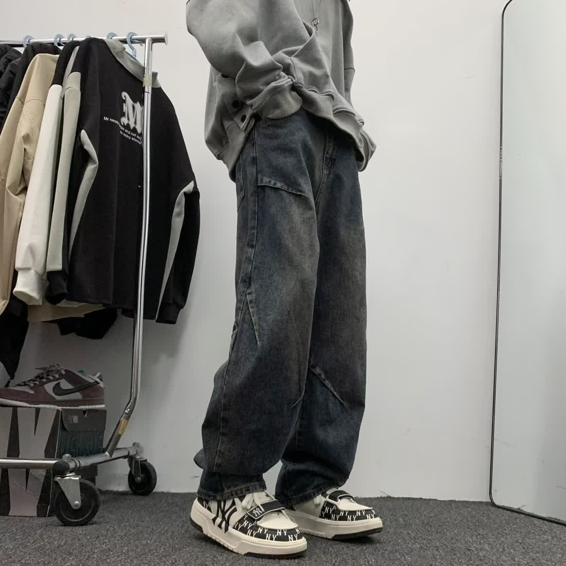 美式復古街頭潮流洗水寬鬆百搭休閒秋冬季新款直筒闊腿牛仔褲男
