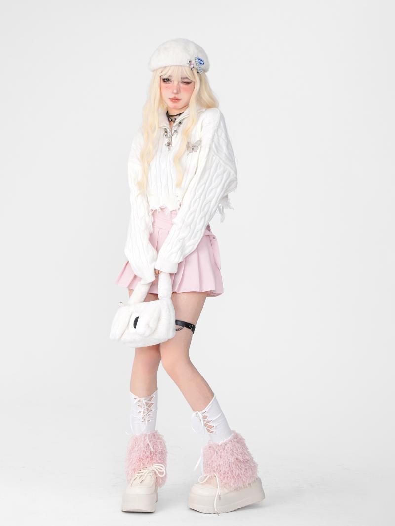 kellykitty綿羊少女 白色破壞感短毛衣秋冬Polo領簡約麻花上衣女