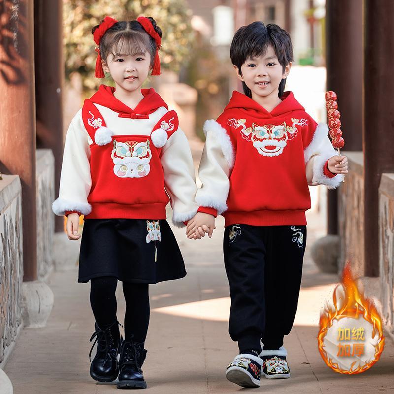 唐裝男童加絨套裝女童洋氣過年服兒童漢服中國風寶寶新年服演出服