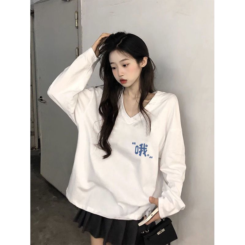 純棉100%白色v領長袖t恤女2023基礎款印花寬鬆顯瘦內搭打底衫上衣