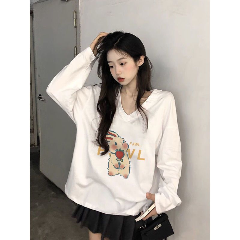純棉V領打底衫長袖t恤女2023秋季新款印花寬鬆百搭內搭白色上衣潮