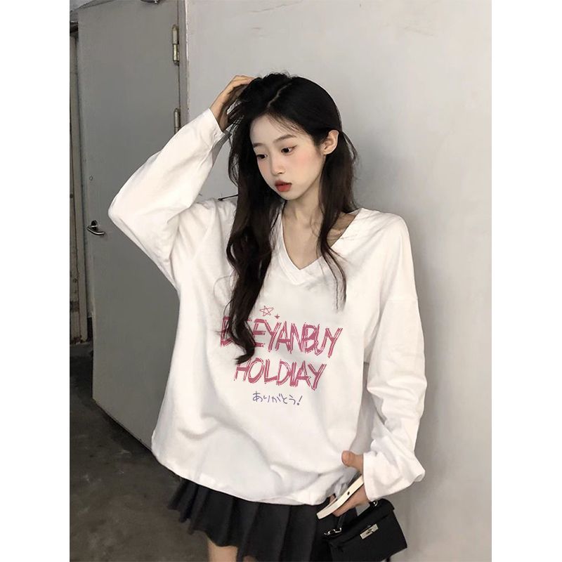白色長袖V領疊穿常規款純棉t恤女上衣秋季休閒簡約寬鬆百搭打底衫