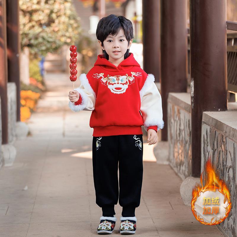 唐装男童加绒套装女童洋气过年服儿童汉服中国风宝宝新年服演出服