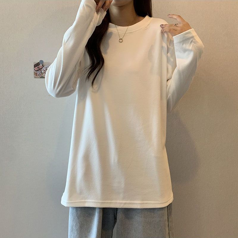 Brushed German velvet round-neck white bottoming shirt for women in autumn and winter, new Korean style long-sleeved T-shirt, fashionable and versatile top