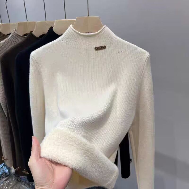 加絨毛衣女設計感加厚半高領內搭打底衫秋冬高級感一體絨保暖上衣