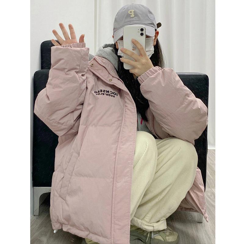 學院風粉紫色加厚保暖字母印花立領麵包服棉衣外套女冬季加厚棉服