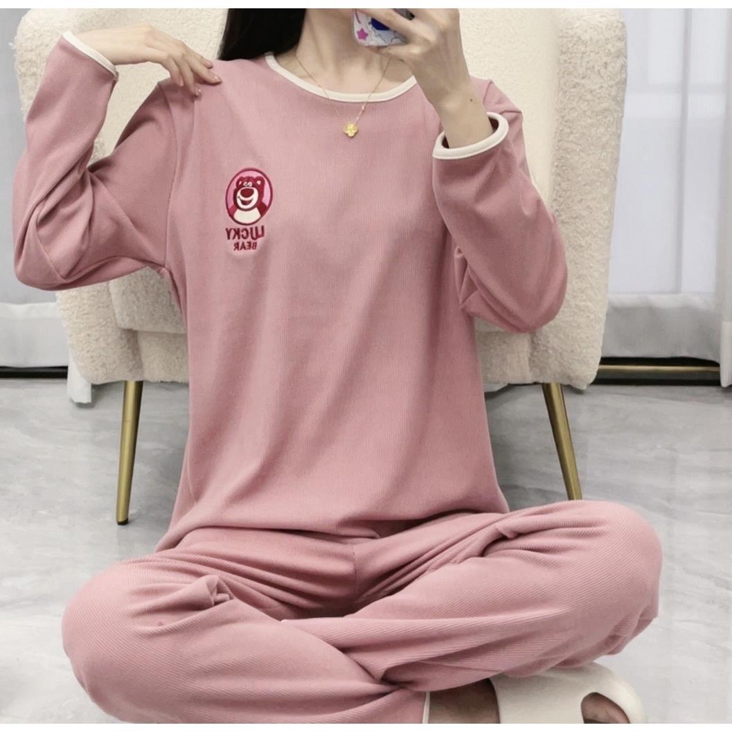 刺繡草莓熊德絨秋冬睡衣家居服甜美秋冬長袖透氣舒適柔軟可外穿
