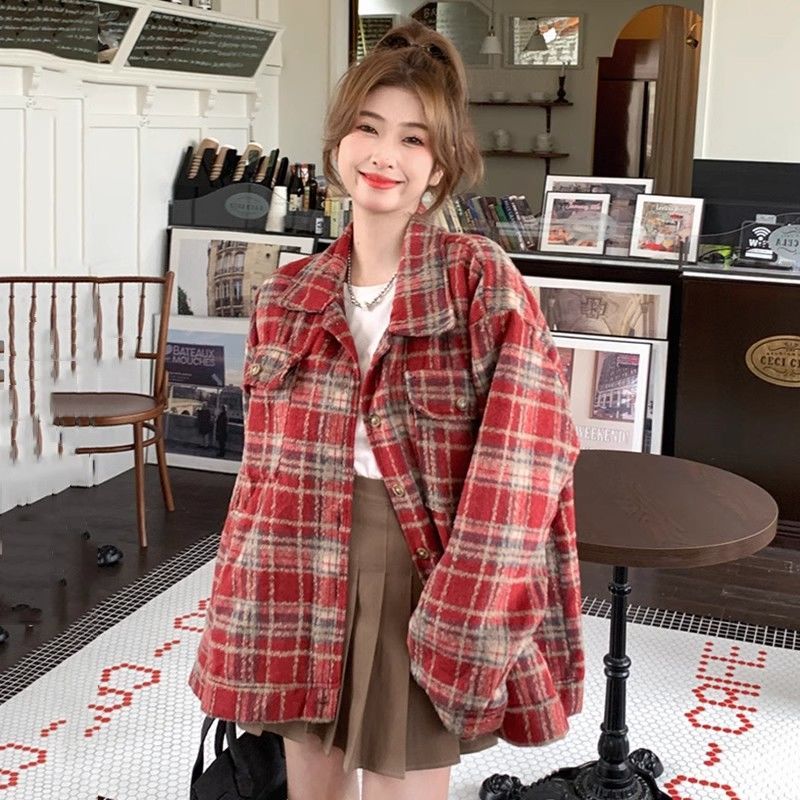 美式復古格子襯衫女秋冬小香風寬鬆加厚保暖毛呢襯衣外套夾克上衣