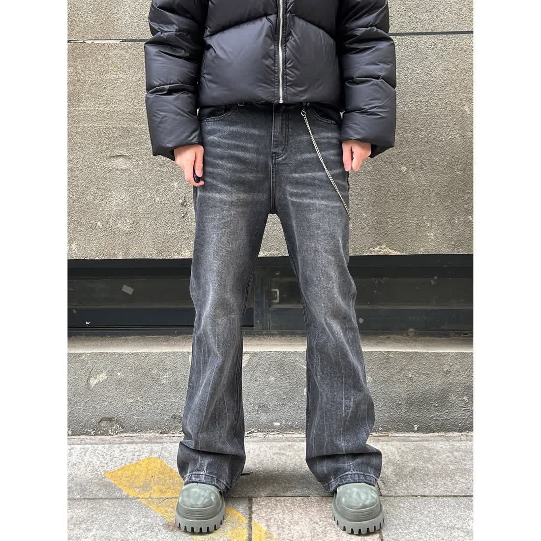vintage水洗做舊黑灰微喇破壞牛仔褲男高街vibe微拖地寬鬆長褲