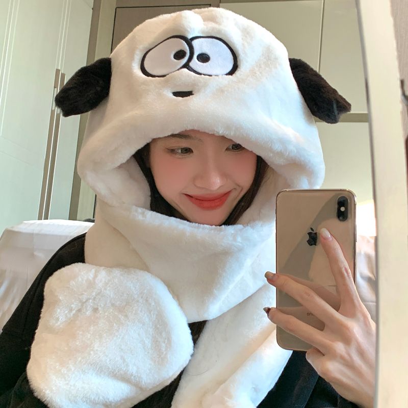 Puppy Hat Women's Winter Scarf Gloves All-in-one Cartoon Cute Plush Ear Protection Three-piece Set Scarf Hooded Plus Velvet