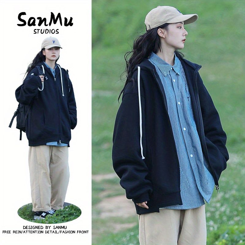 秋冬季日系CityBoy簡約純色連帽開衫衛衣男女情侶復古雙拉鏈外套
