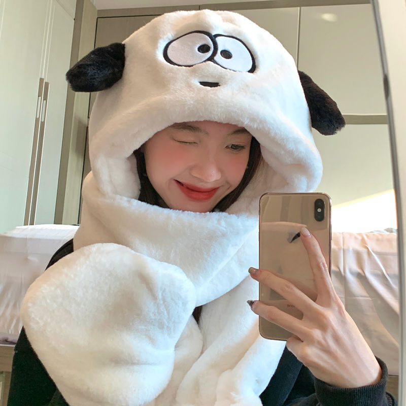 Puppy Hat Women's Winter Scarf Gloves All-in-one Cartoon Cute Plush Ear Protection Three-piece Set Scarf Hooded Plus Velvet