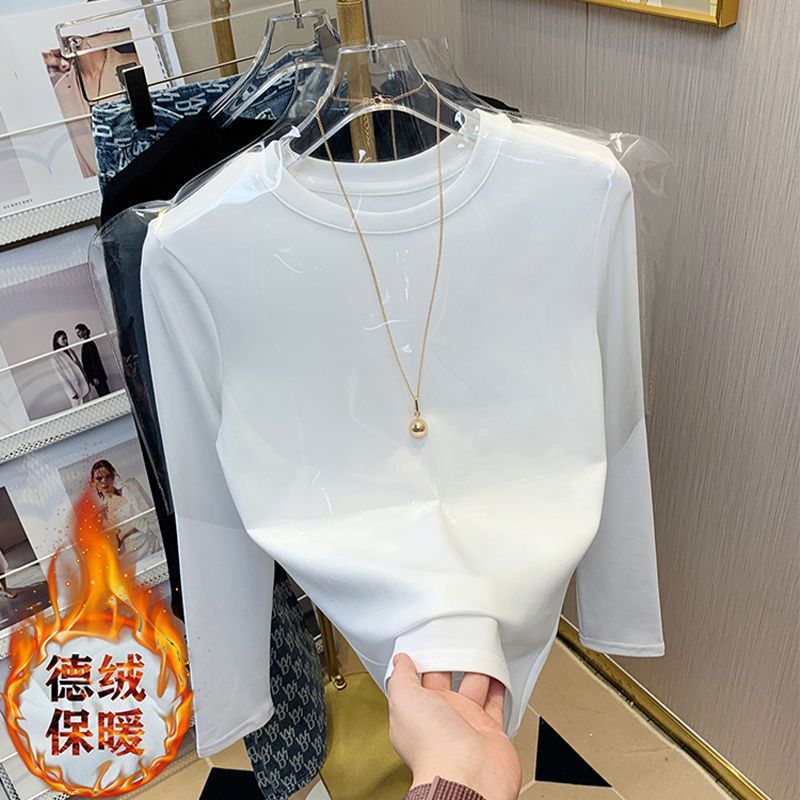 爆款德絨加厚白色打底衫女內搭疊穿秋冬寬鬆上衣純色保暖長袖T恤