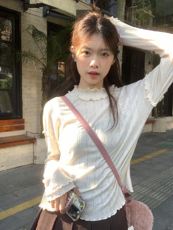 木耳邊拼接長袖打底衫女秋冬2023新款韓系設計感修身顯瘦內搭T恤